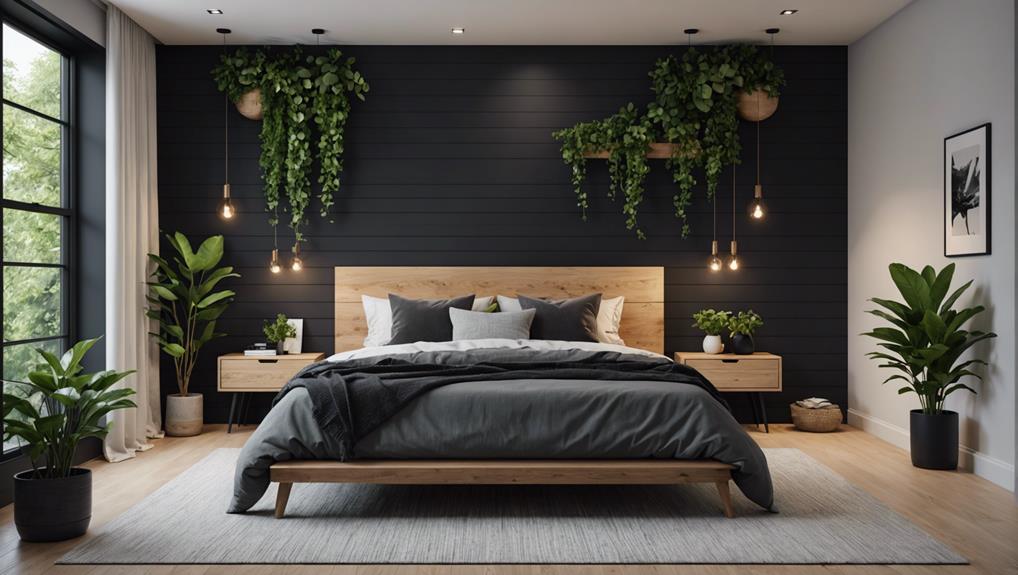 black shiplap bedroom wall