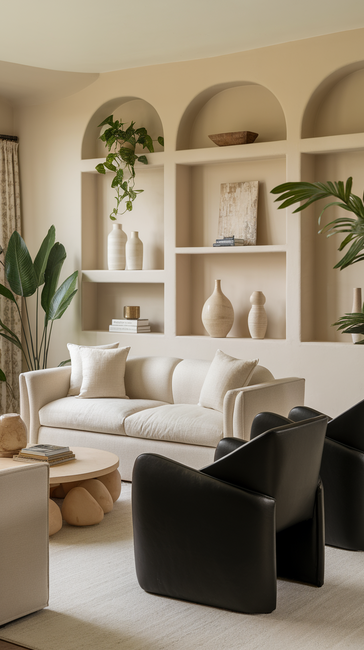 Stylish living room featuring bold black accent chairs, a beige sofa, and decorative shelves.