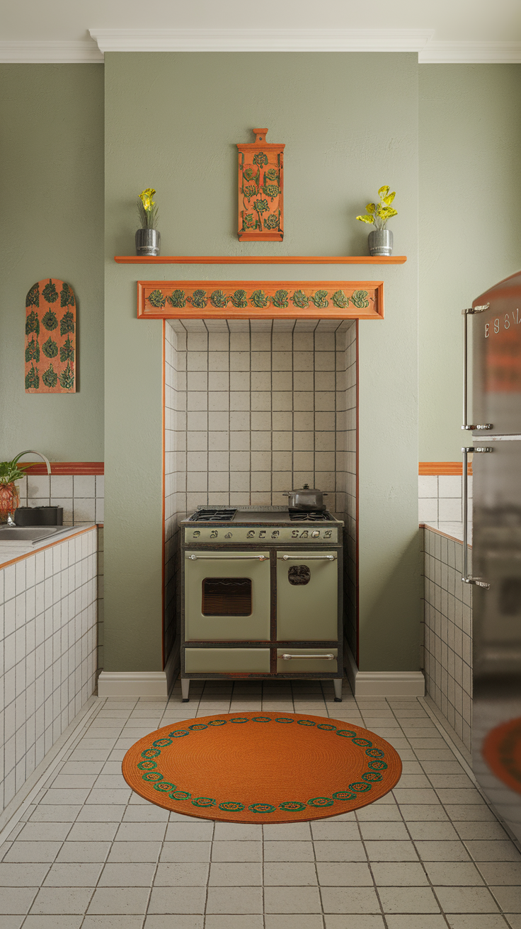 A kitchen with sage green walls and orange accents, featuring a vintage stove and decorative elements.