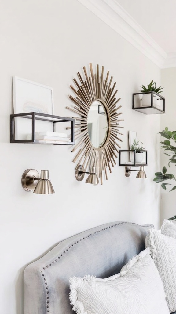 Stylish wall decor featuring a sunburst mirror and modern shelf.