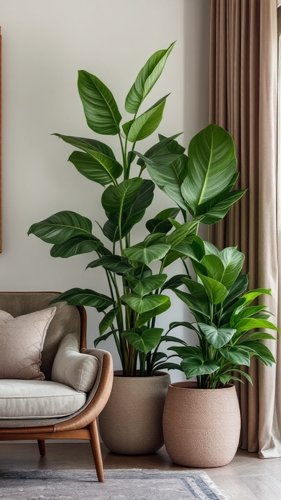 Indoor plants in stylish pots beside a cozy sofa