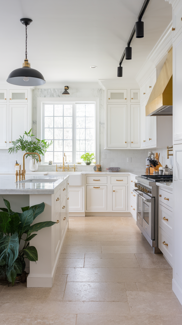 A modern kitchen featuring white cabinets with gold and black hardware