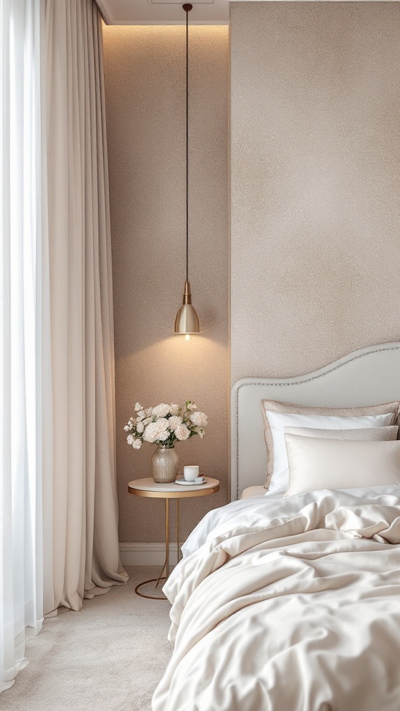 Cozy bedroom featuring luxury wallpaper and elegant decor