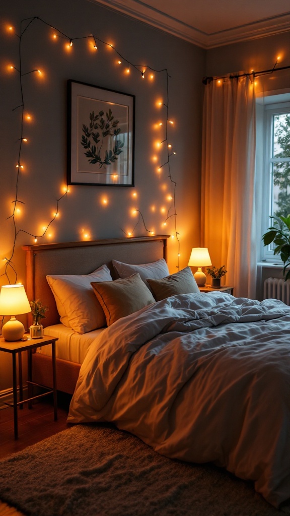 Cozy bedroom with warm ambient lighting and soft decor