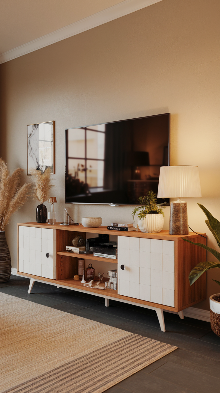 A stylish media console with a TV, plants, and decorative items in a living room