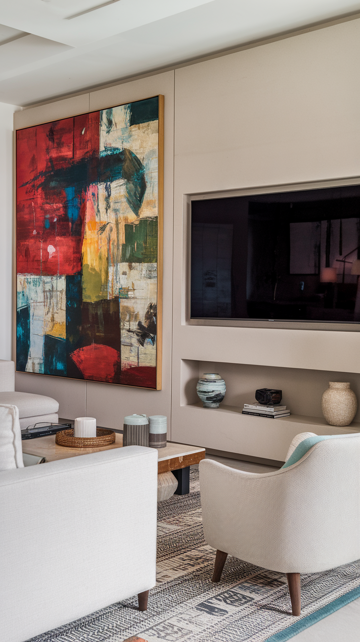 A modern living room featuring vibrant abstract wall art, cozy chairs, and a sleek coffee table.