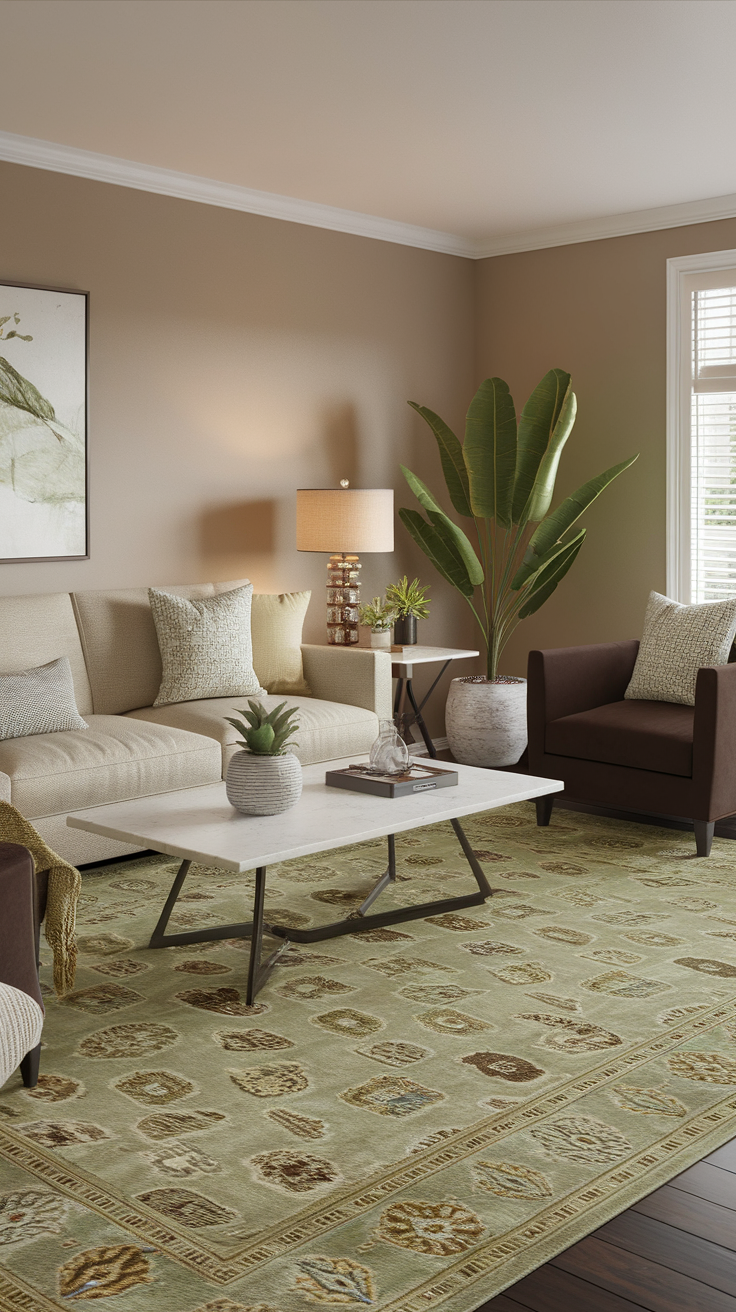 Cozy living room featuring a sage green statement rug, beige sofa, brown chairs, and plants.