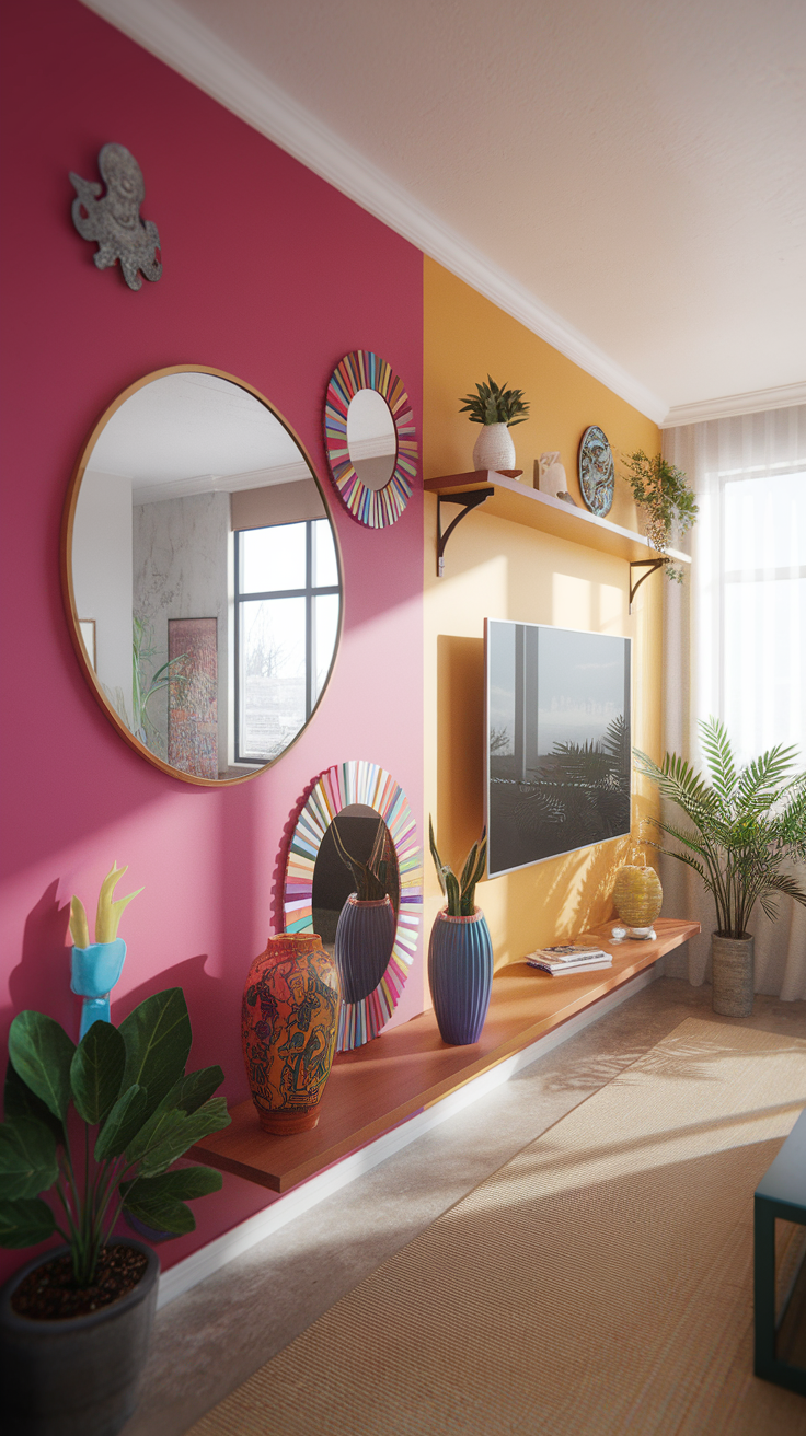 A colorful living room with a pink and yellow accent wall, mirrors, plants, and decorative vases.