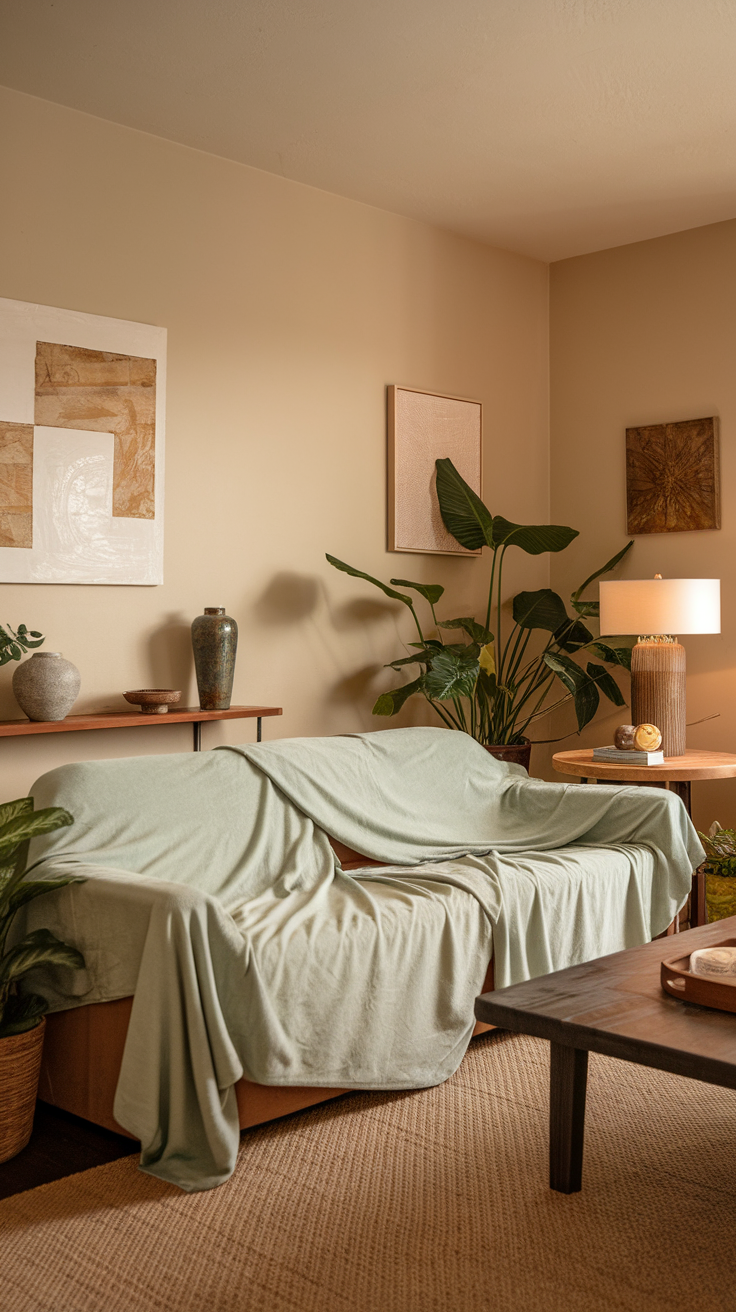 A cozy living room featuring sage green throws on a couch, with plants and warm decor.