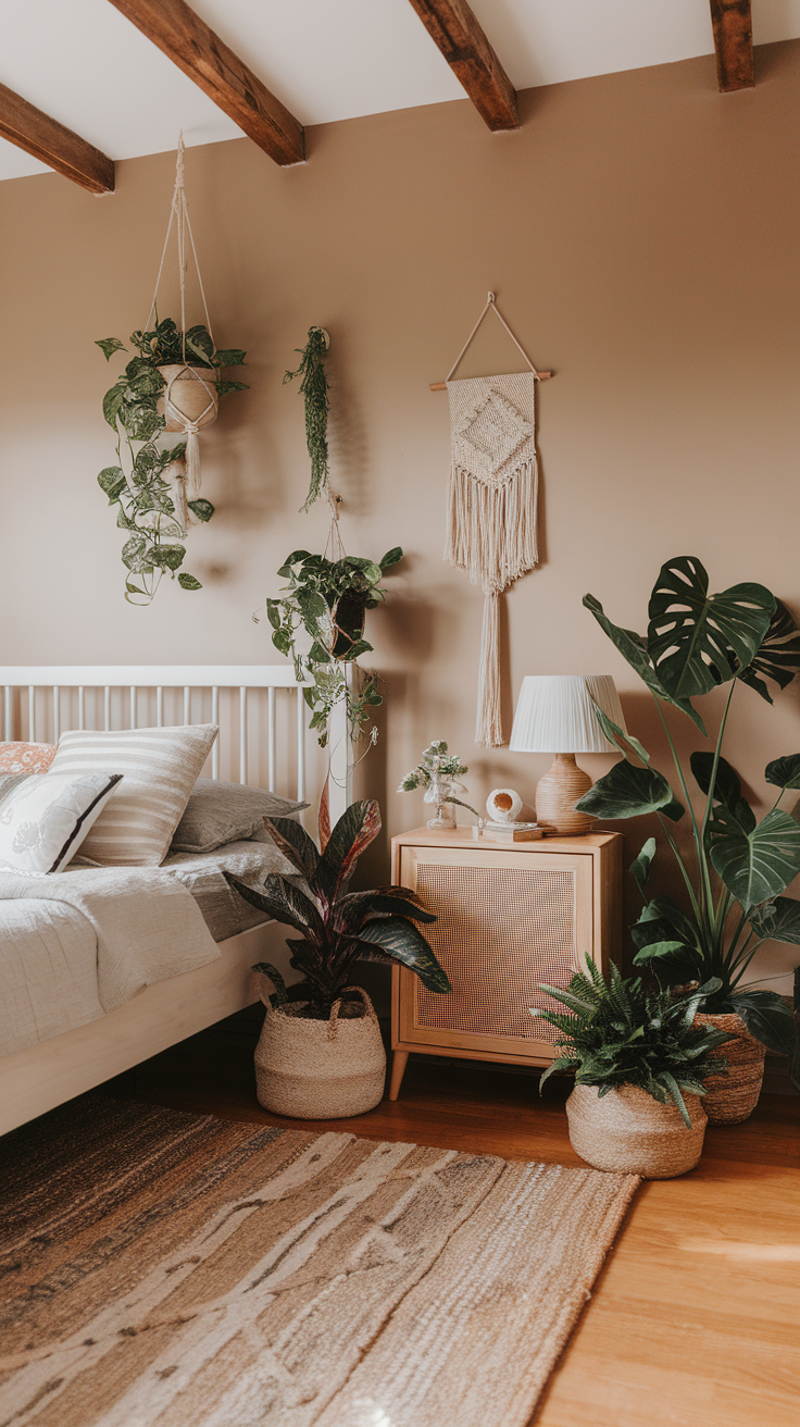 Cozy bedroom with minimalist decor featuring indoor plants and a boho style.