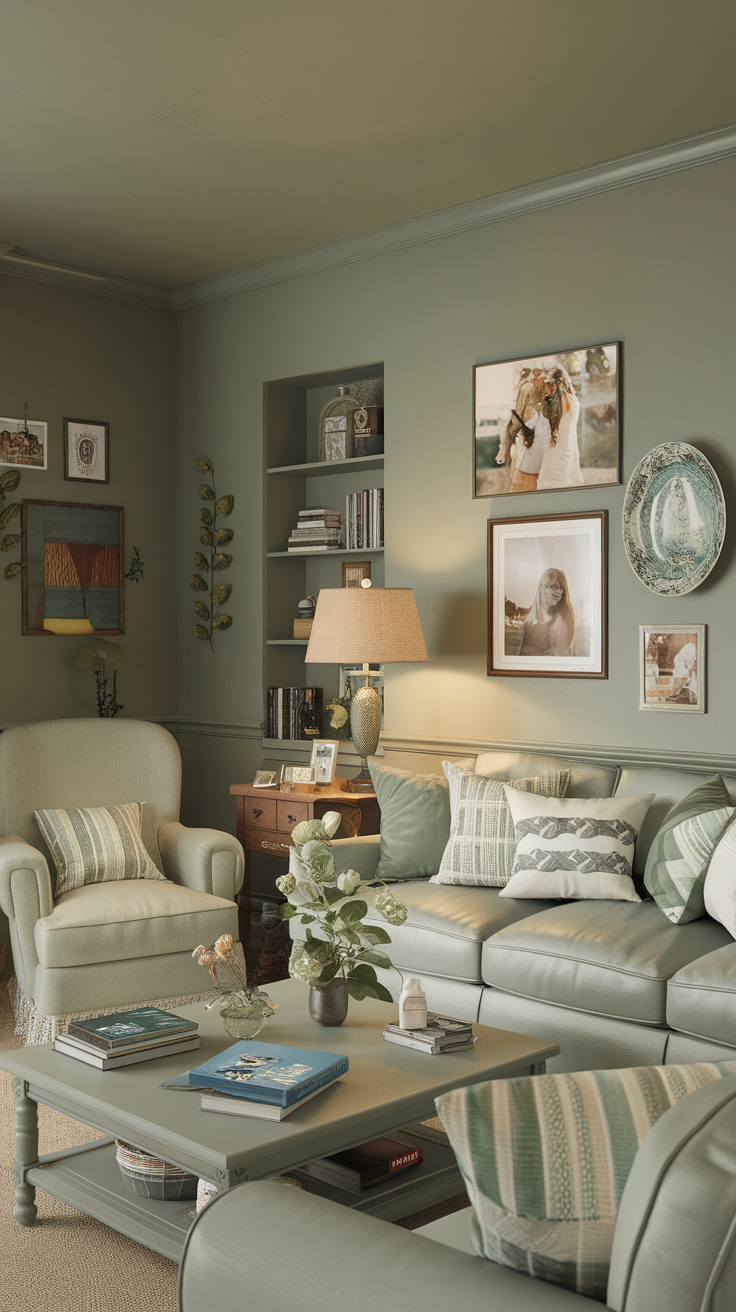 Cozy living room with sage green walls, comfortable seating, and personal decor.