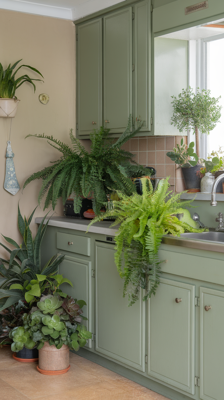 A chic sage green kitchen filled with various plants, showcasing a refreshing and lively decor.