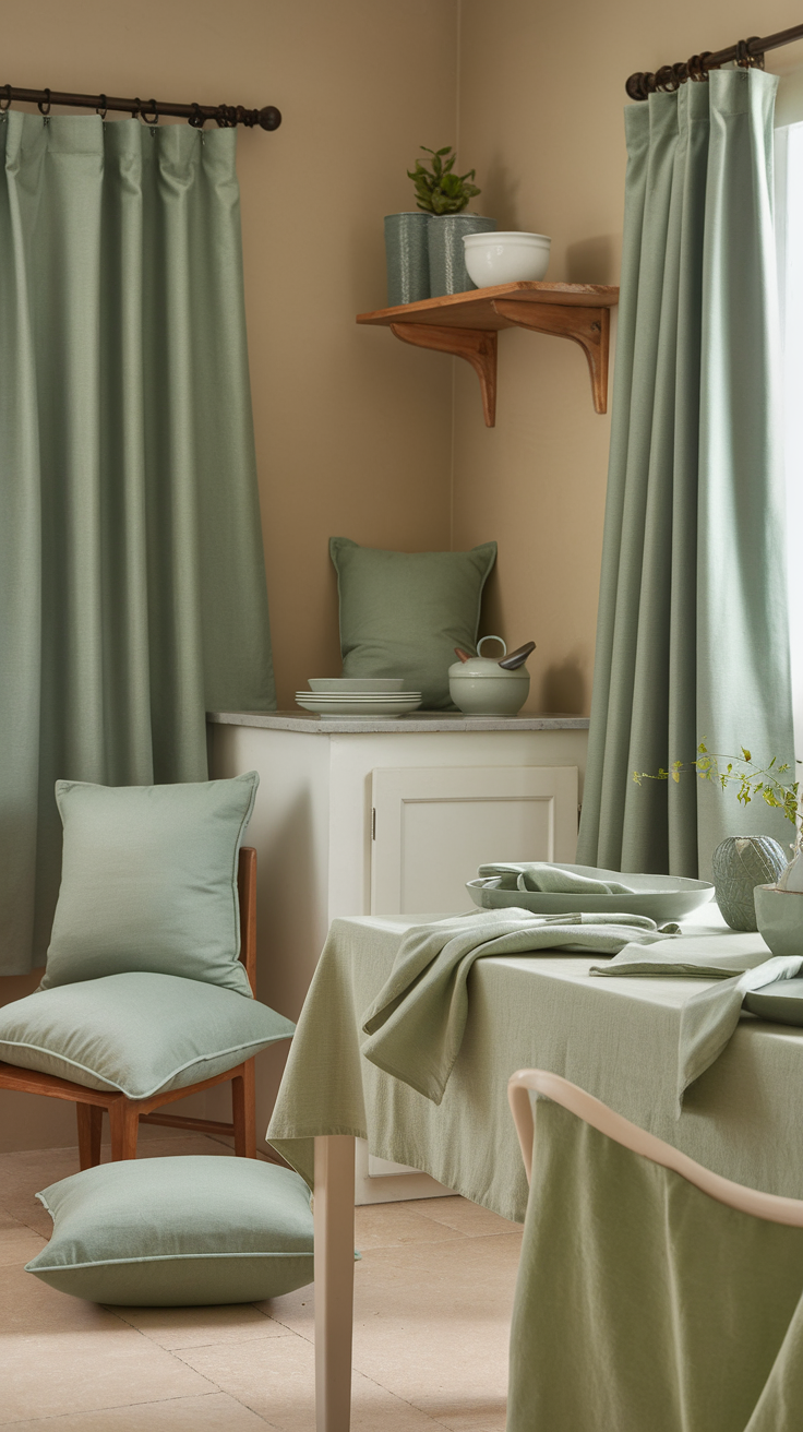 A chic kitchen featuring sage green curtains and chair, creating a cozy atmosphere.