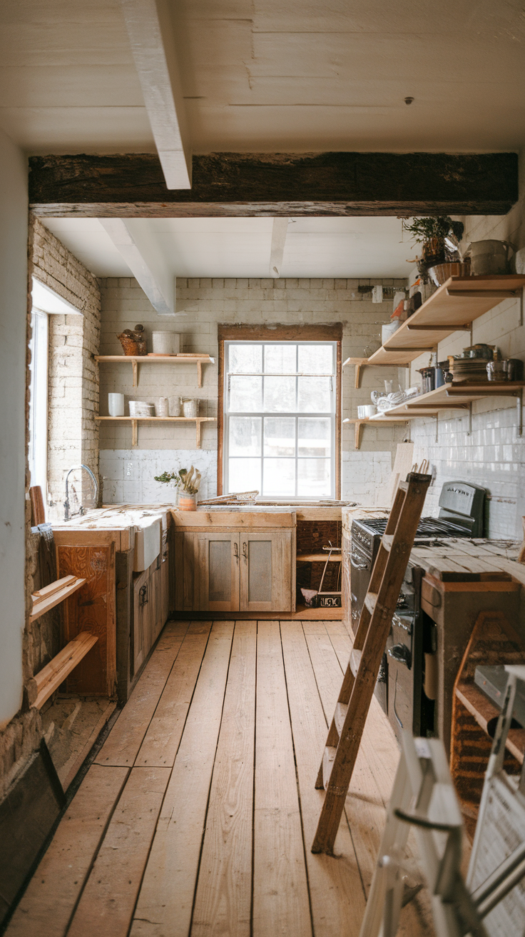 Image of an unfinished farmhouse kitchen with wooden beams and light-colored cabinets.