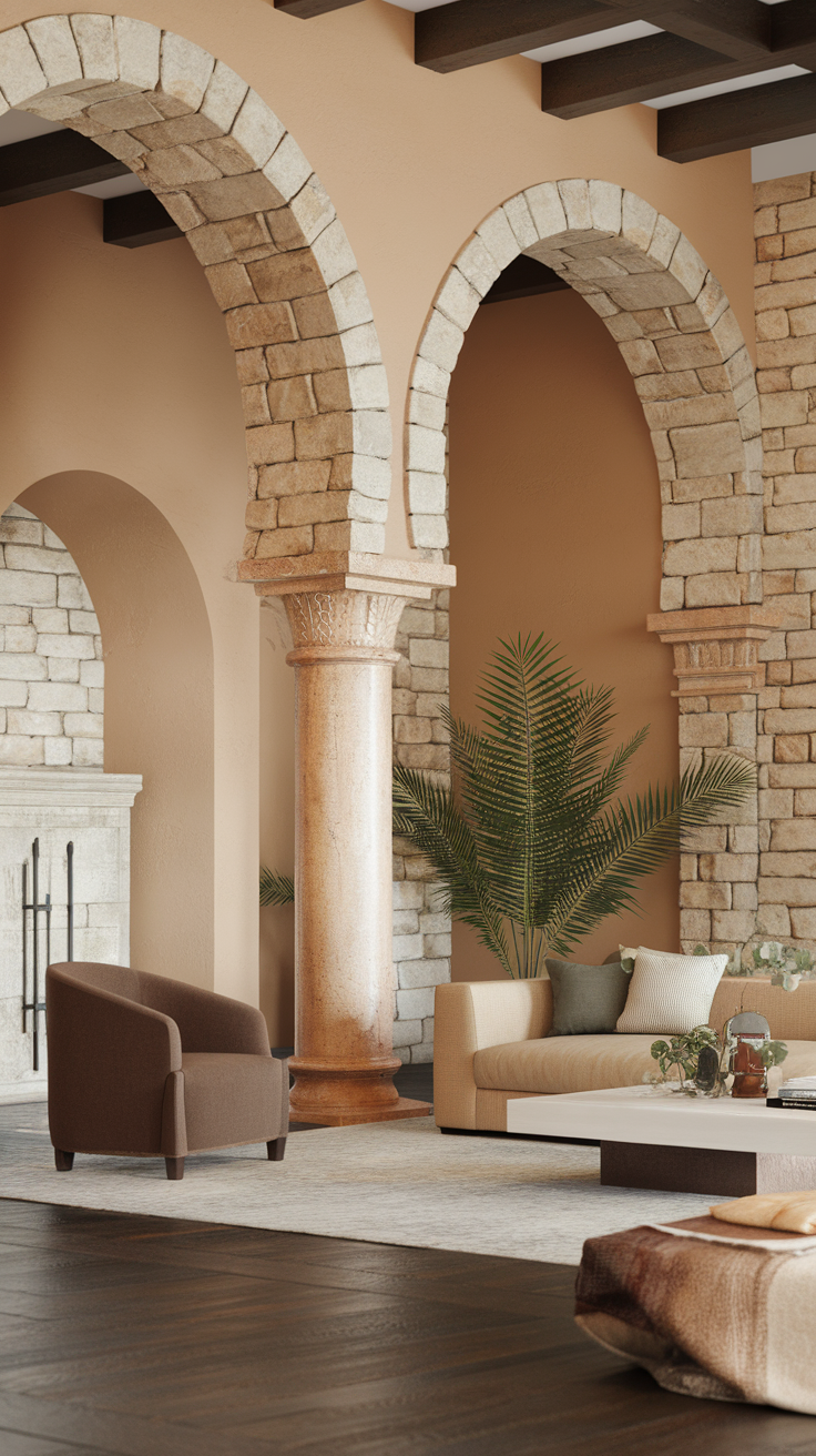 A cozy living room with Spanish-style stone arches and warm color tones, featuring comfortable furniture and greenery