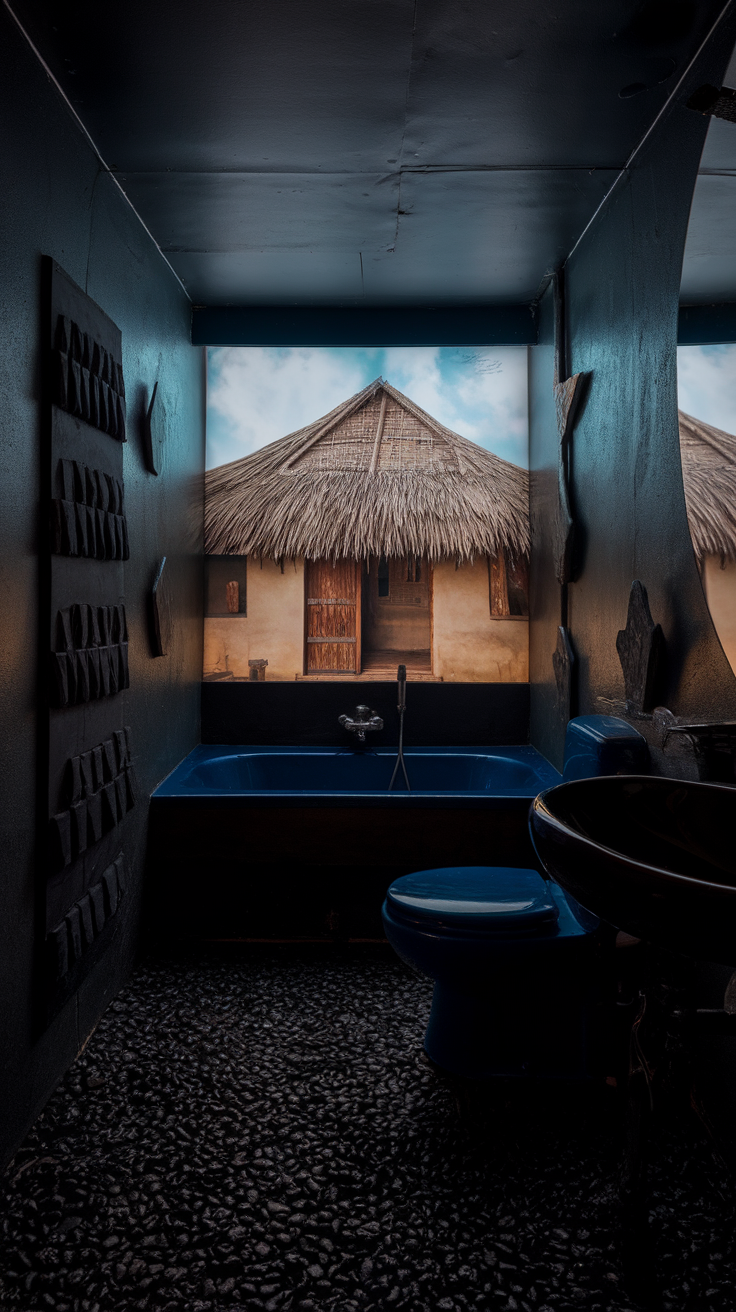 A dark color bathroom featuring a blue bathtub, textured walls, and a mural of a thatched roof house.