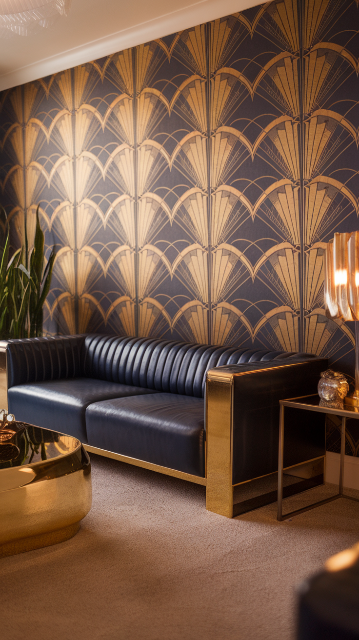 Art Deco style living room with blue and gold wallpaper and a modern sofa.