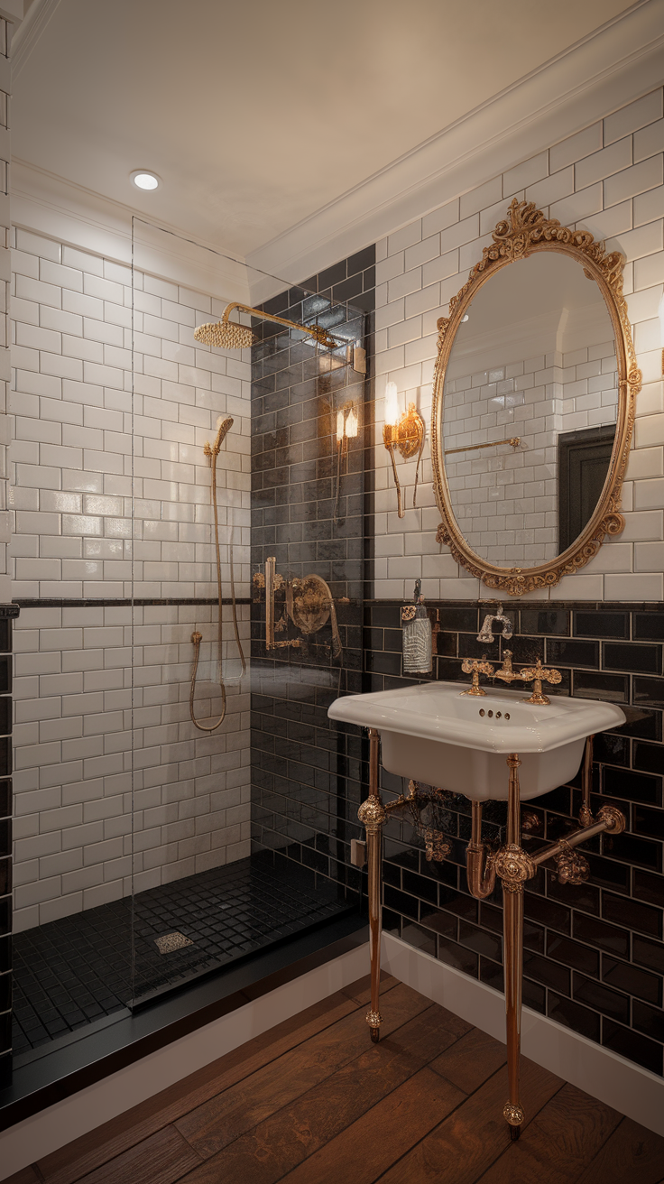 Elegant Art Deco style black and gold bathroom with classic fixtures.