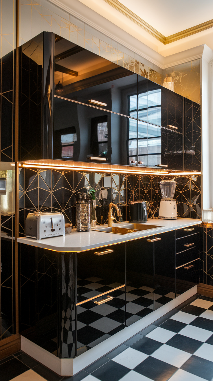 Modern black and gold kitchen featuring glossy cabinets and geometric design elements