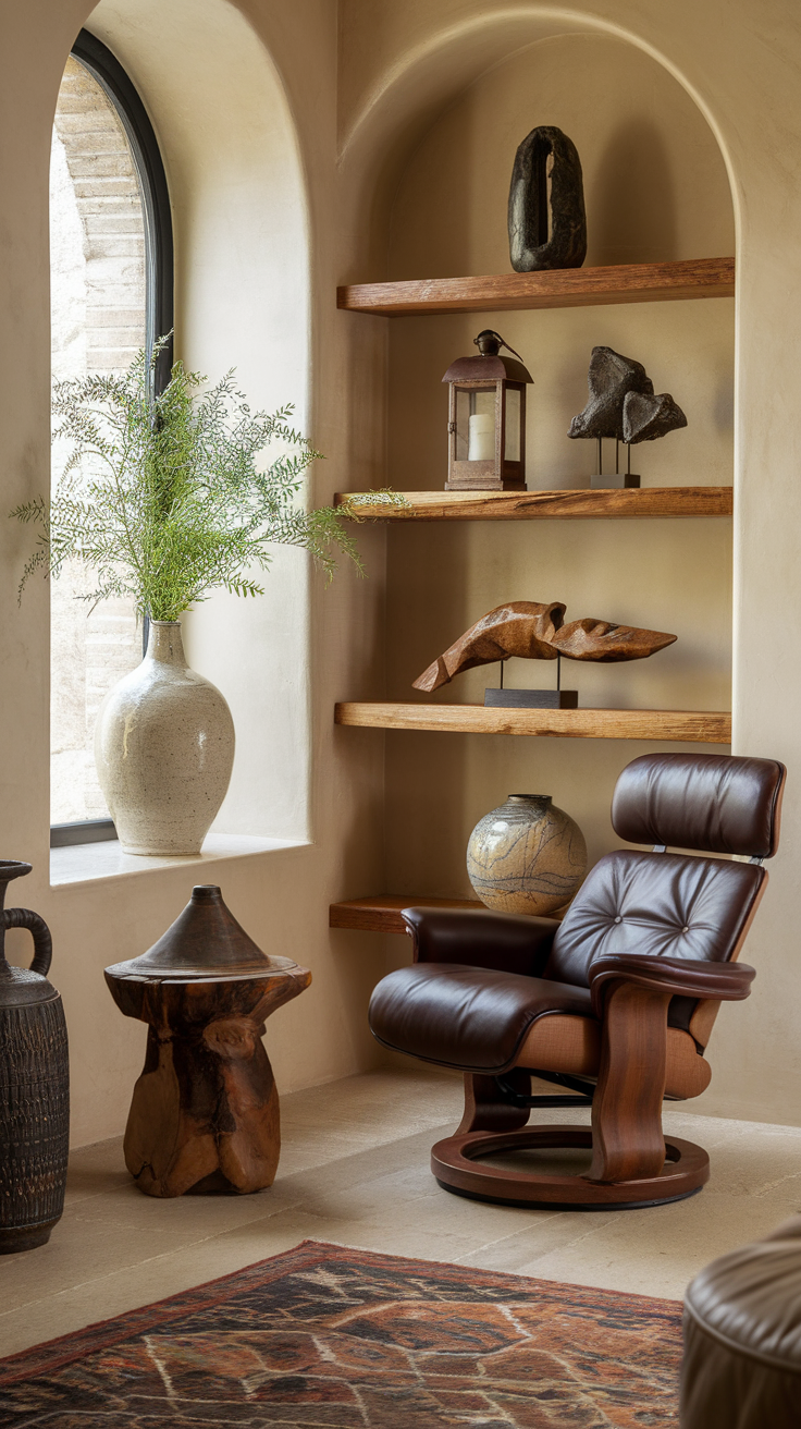 A cozy living room corner featuring artisan crafted decor with a leather chair, wooden shelves, and unique decorative items.