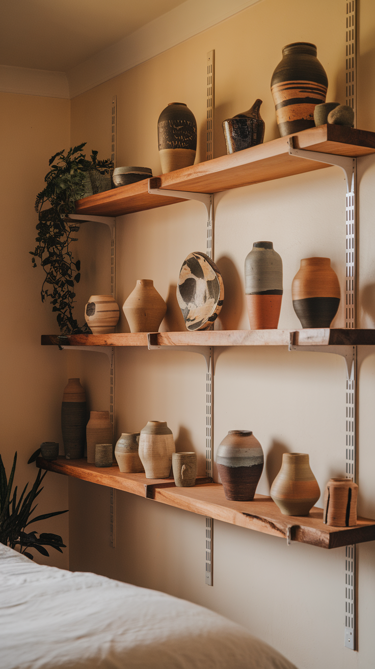 A display of various artisan pottery pieces on wooden shelves in a cozy bedroom setting.