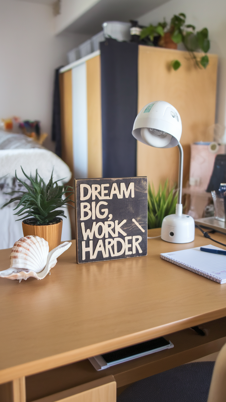 A stylish dorm room desk with a motivational sign, plants, and a shell as decor.