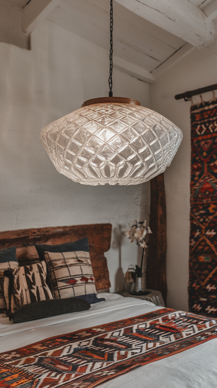 Artistic hanging light fixture above a stylish bed in a cozy bedroom