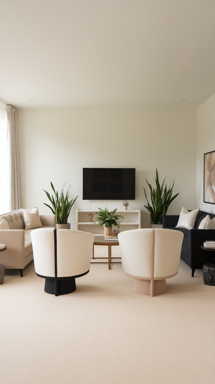 A stylish living room featuring two sofas, a large mirror, and decorative plants, illustrating balance in design.