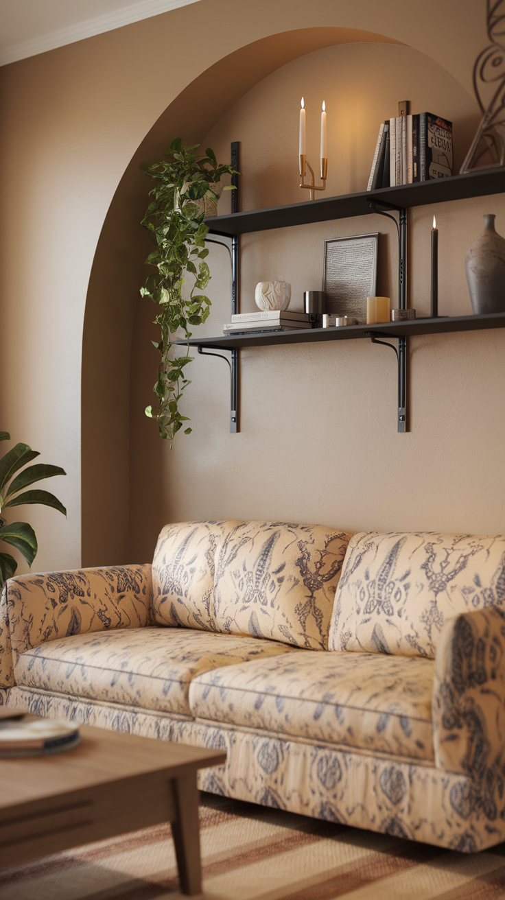 Cozy living room with beige accent wall and black shelving