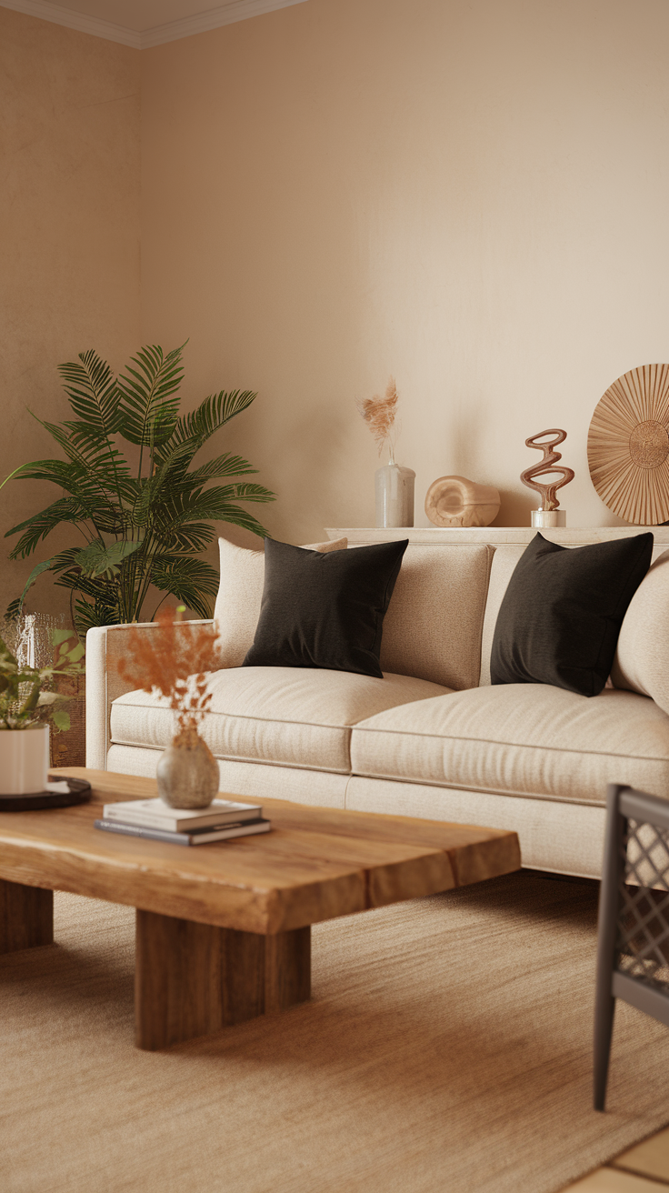 A beige sofa with black throw pillows in a stylish living room setting.