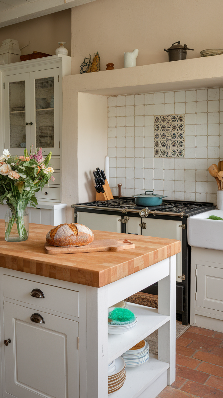 A cozy farmhouse kitchen with wooden countertops and a rustic feel.