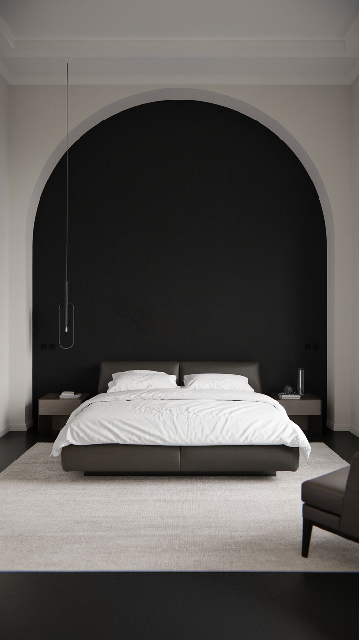 A modern bedroom featuring a black accent wall behind a bed with white bedding.