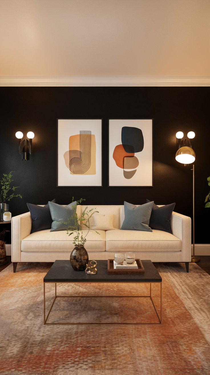 A stylish living room featuring a black accent wall, light sofa, and modern decor.