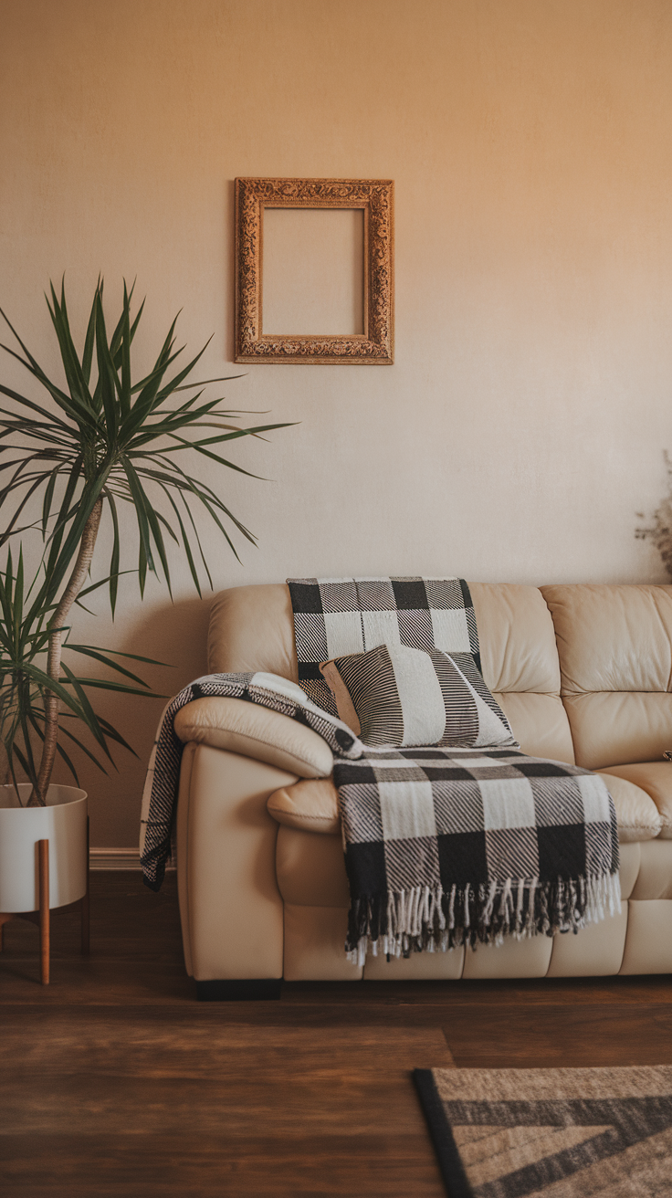 A cozy beige living room featuring a sofa draped with a black and white checkered throw blanket and pillows.