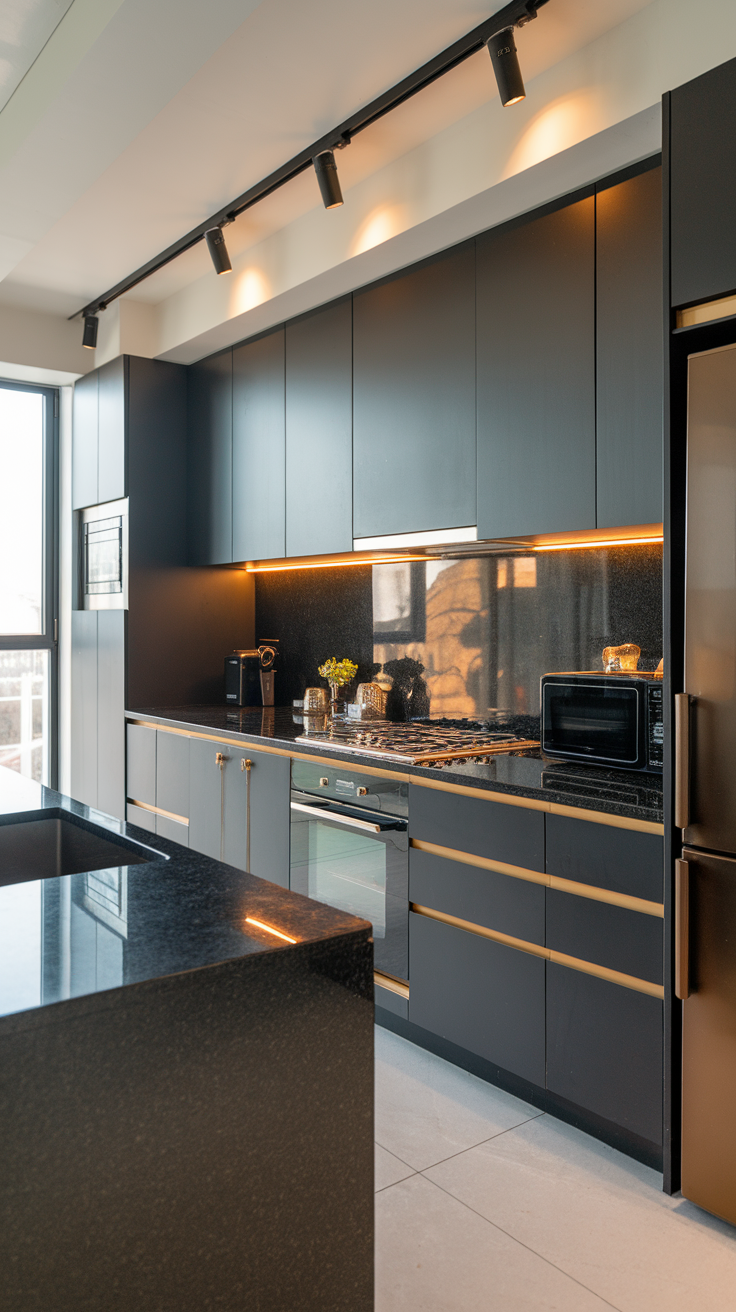 Modern kitchen with black countertops and gold trim