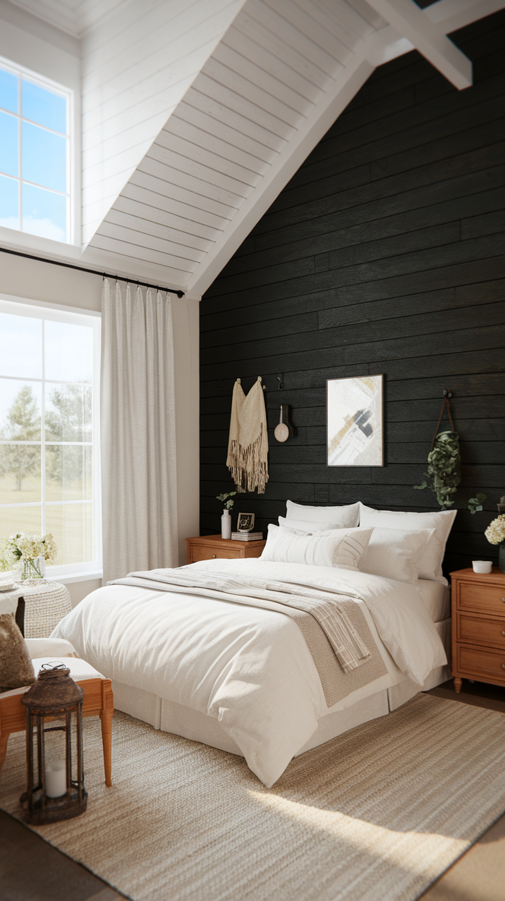 A cozy bedroom featuring a black shiplap accent wall, light bedding, and natural decor elements.