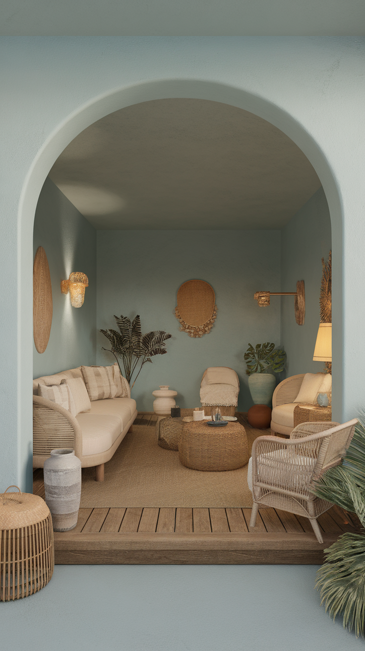 Living room with blue walls and beige furniture