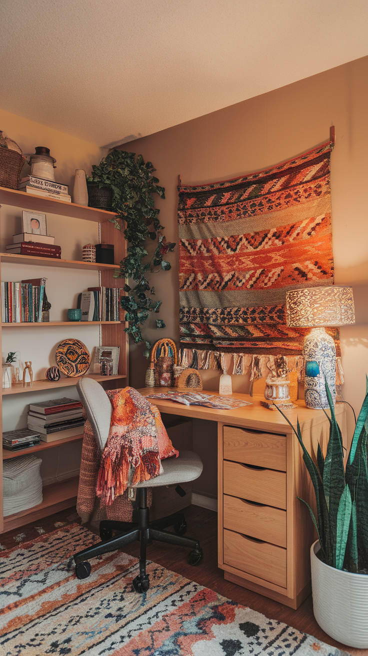 A bohemian style desk in a cozy dorm room with colorful textiles, a lamp, and plants