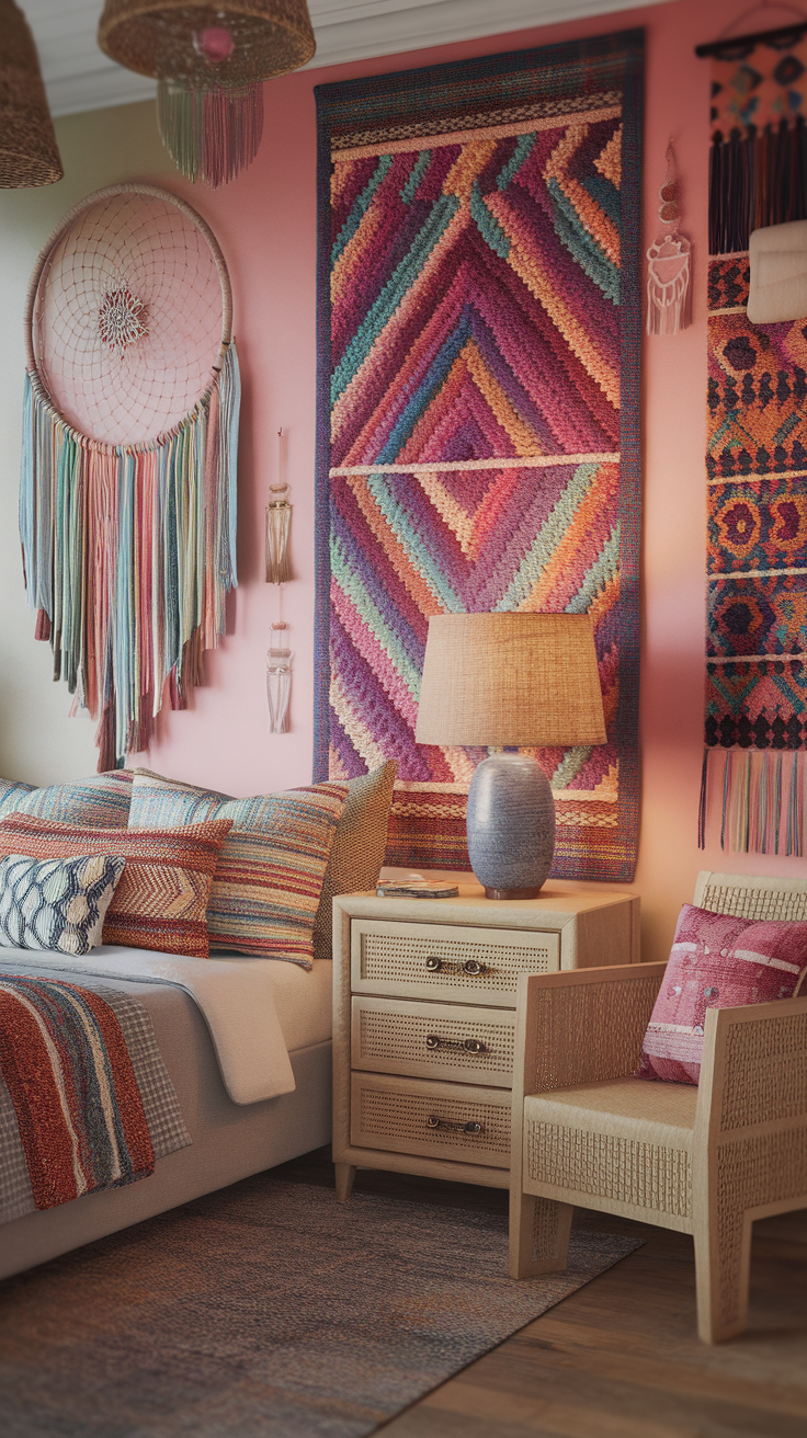 A cozy hippie bedroom featuring colorful textiles and wall hangings.