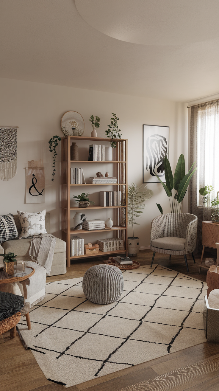 A stylish living room featuring neutral tones with bohemian decor, including plants, shelves, and textured furniture.