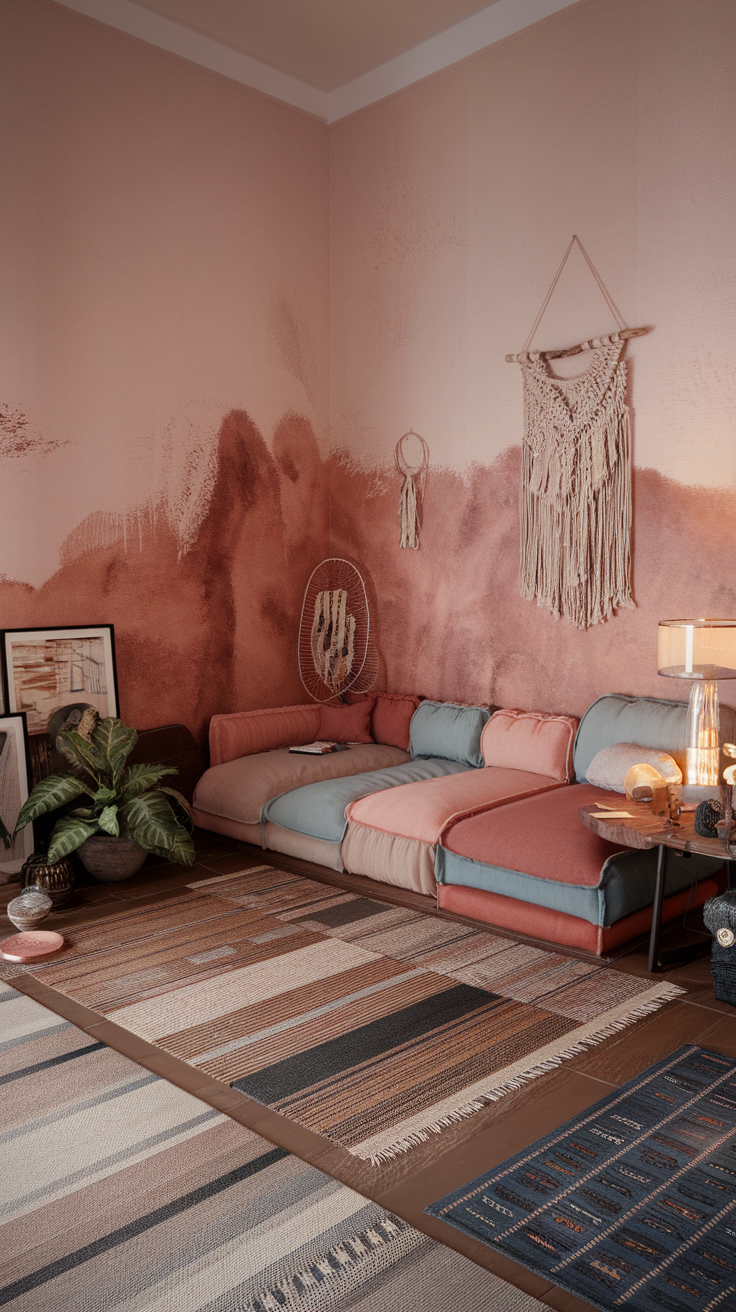 Cozy bohemian living room with pink accent wall and layered rugs