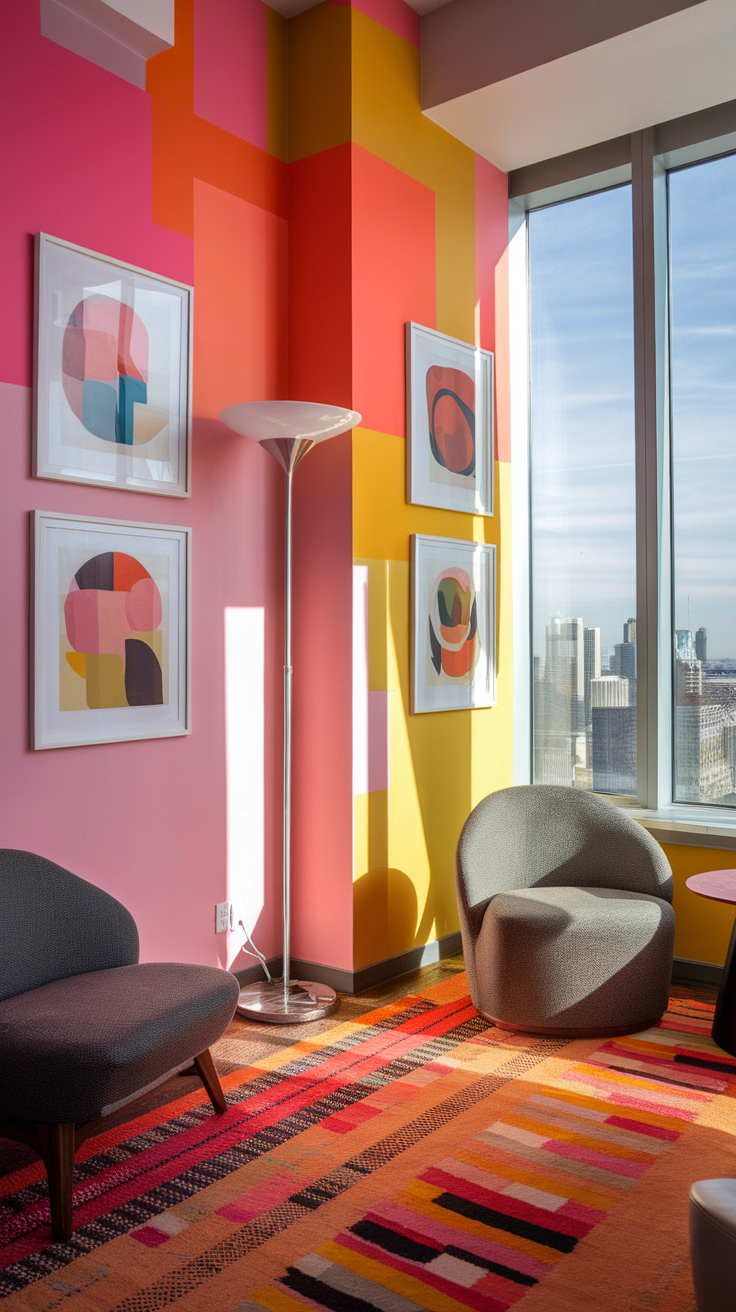 A colorful lounge with pink, orange, and yellow walls, featuring modern furniture and geometric art.