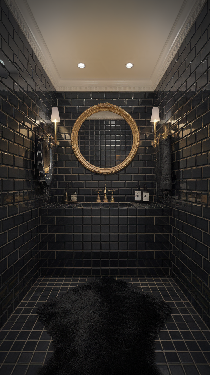 A luxurious black and gold bathroom featuring glossy black tiles, an ornate gold mirror, and stylish gold fixtures.