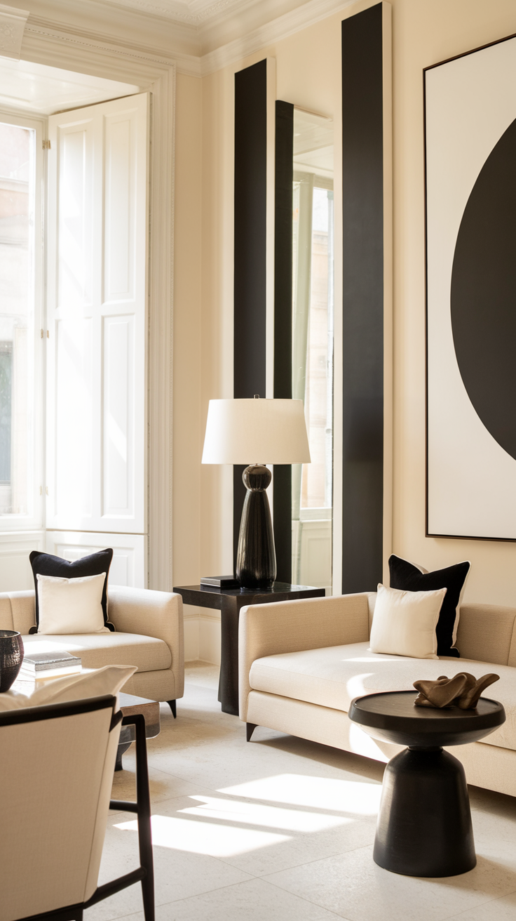 A beige and black living room featuring modern furniture and bold accents.