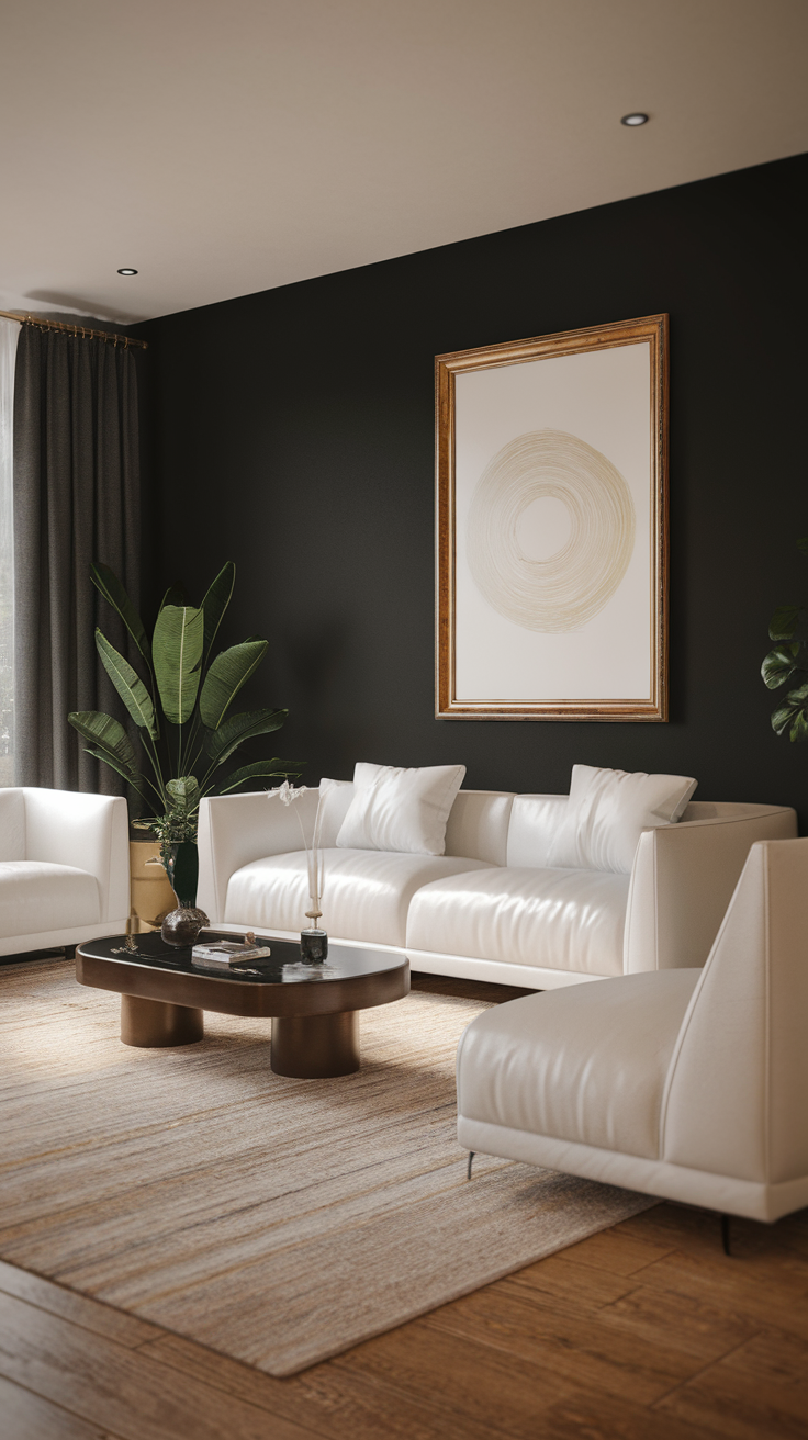 Living room featuring a bold black accent wall with modern white furniture and artwork