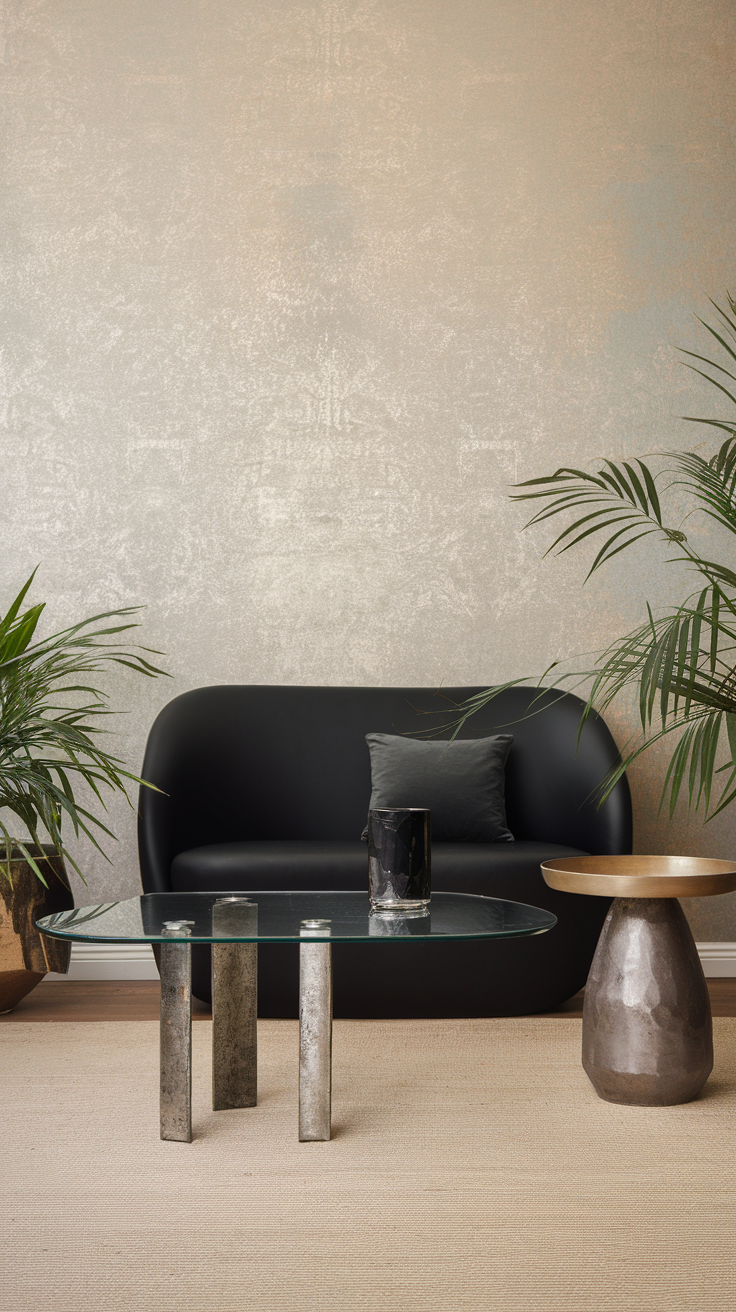 A modern living room featuring a black sofa, glass coffee table, and plants against a textured wallpaper.