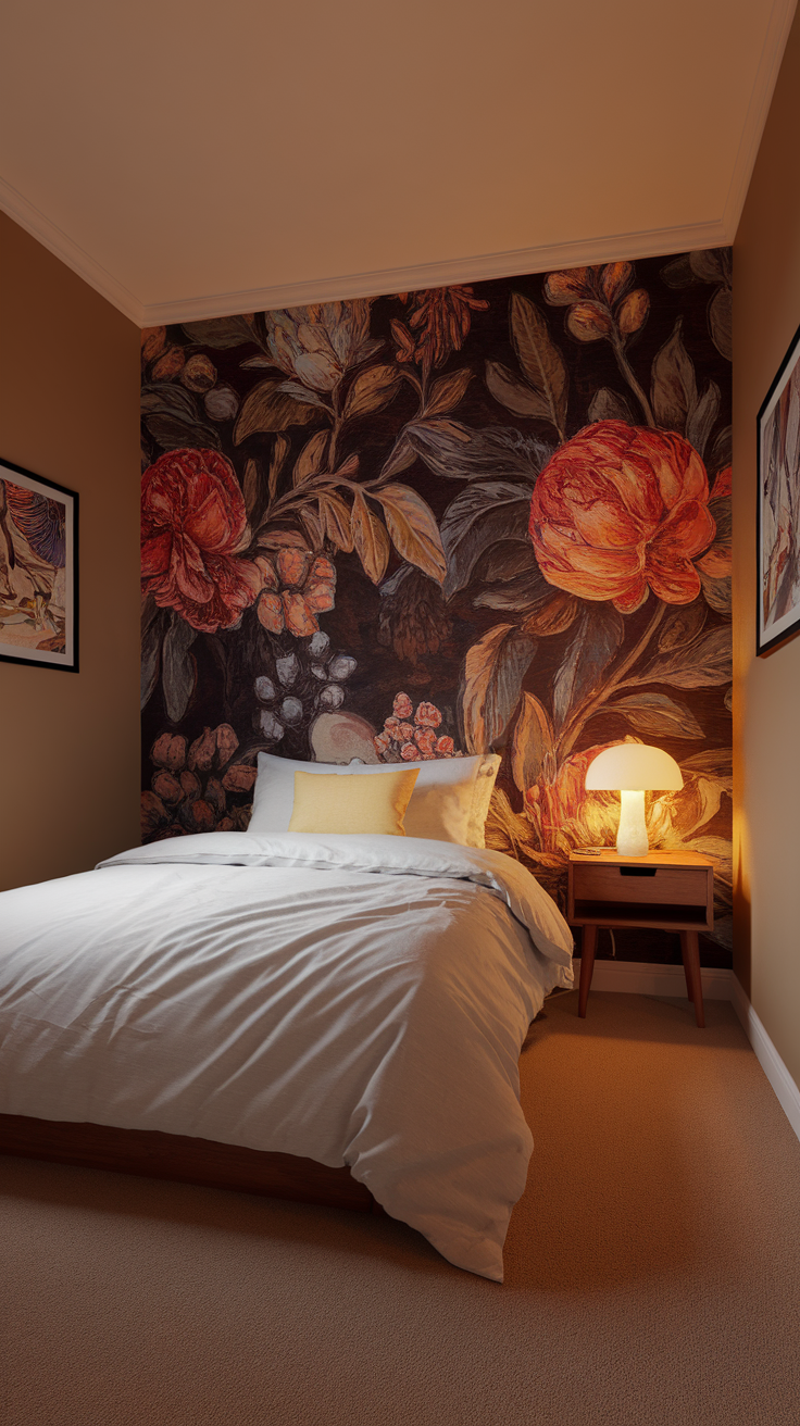 A cozy bedroom featuring bold floral wallpaper on one wall, a neatly made bed, and minimalistic decor.