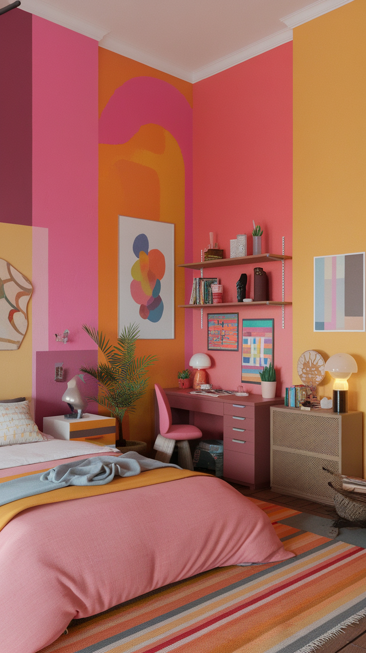 A colorful hippie bedroom featuring bright walls in pink, orange, and yellow with matching decor.