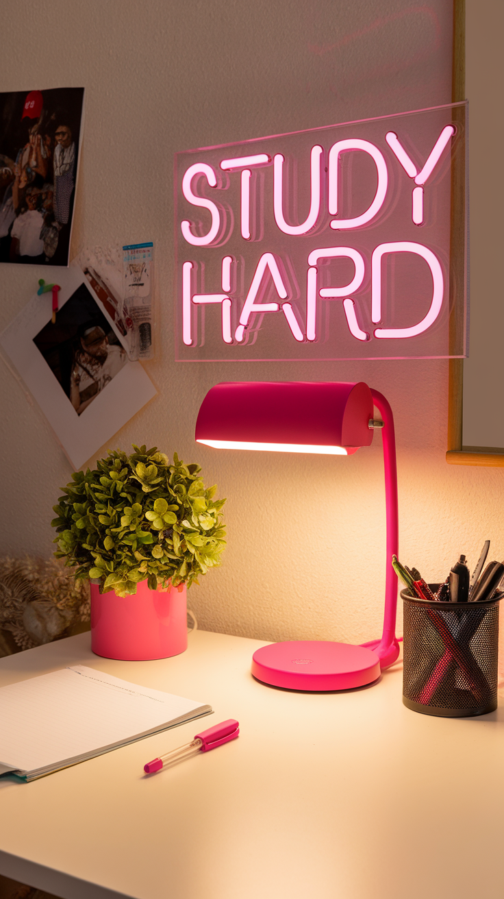 A brightly colored desk with a neon sign that says 'STUDY HARD', featuring a pink lamp, a small plant, and supplies for studying.