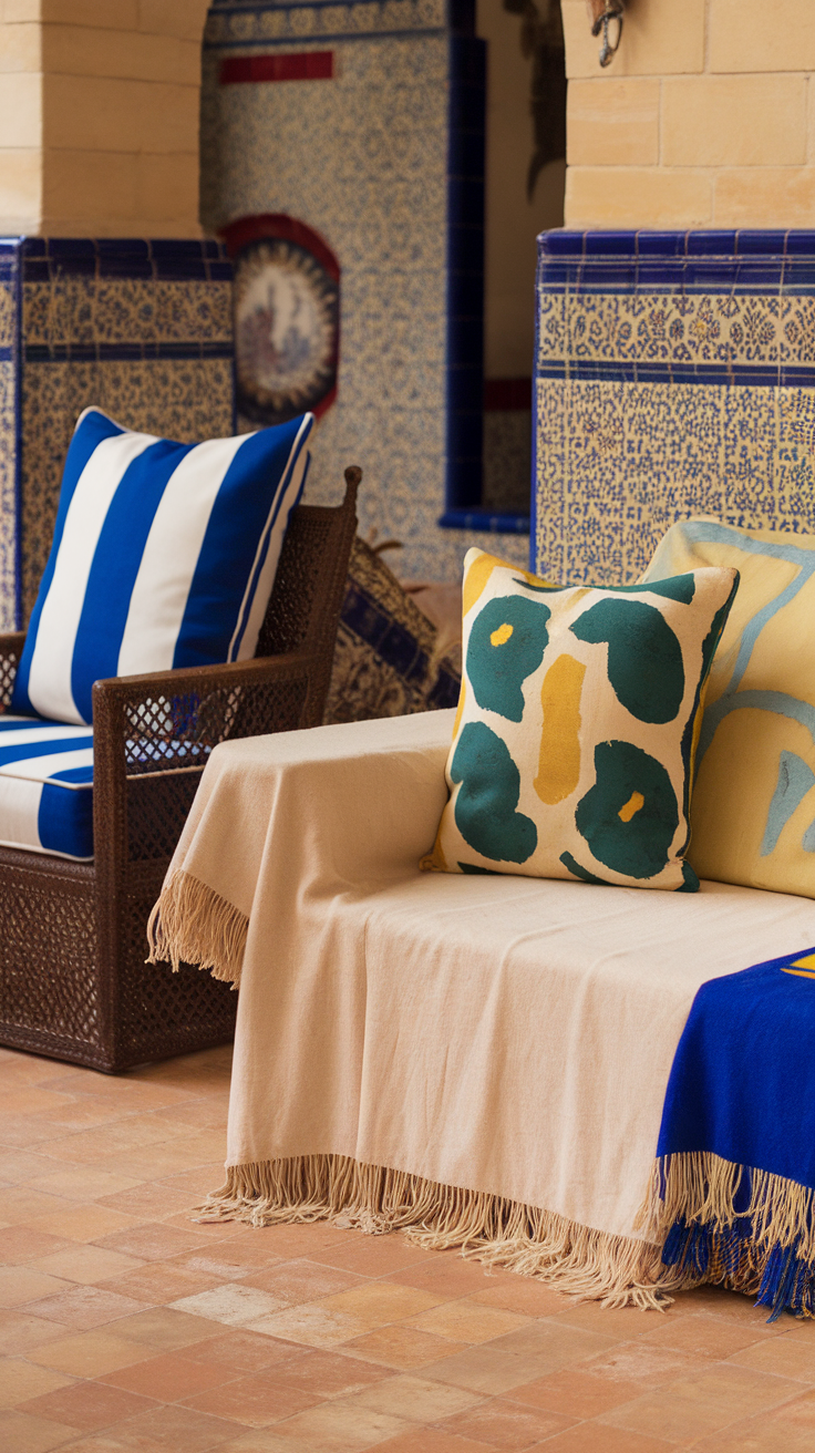 A cozy seating area with blue and white striped cushions, colorful decorative pillows, and a soft throw blanket, set against a backdrop of intricate tiles, capturing Mediterranean style.